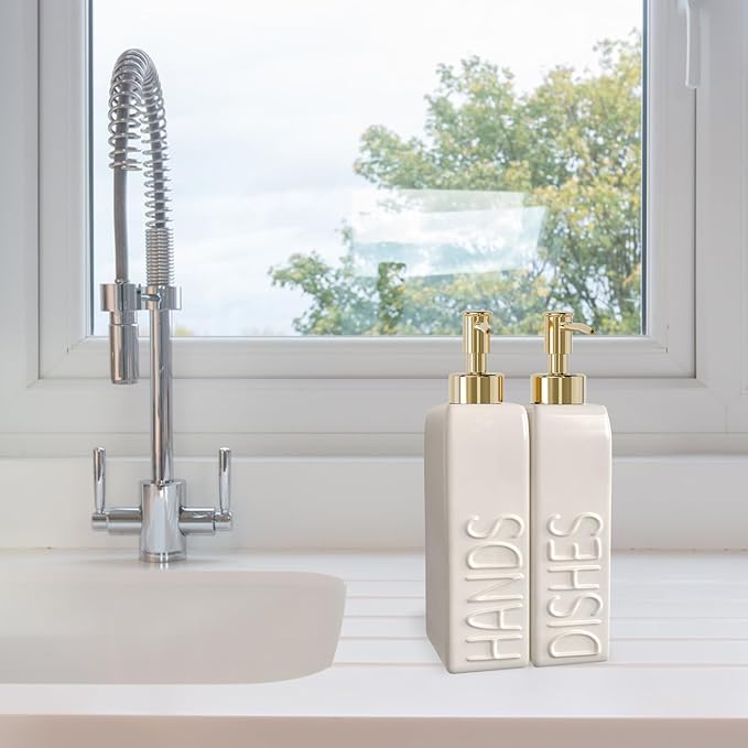 Soap Dispenser Set with Gold Stainless Steel Pump and a Funnel, 2 Pack Modern Ceramic Refillable Hand and Dish Soap Dispenser for Kitchen, Bathroom, Matte White - Image 2