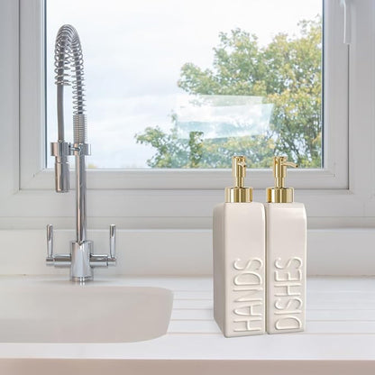 Soap Dispenser Set with Gold Stainless Steel Pump and a Funnel, 2 Pack Modern Ceramic Refillable Hand and Dish Soap Dispenser for Kitchen, Bathroom, Matte White - Image 2