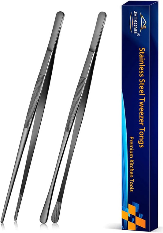 JETKONG 2 Pcs 10-Inch Kitchen Tweezers Tongs with Precision Serrated Tips, Stainless Steel Chef Tweezer Professional Cooking Tweezers for BBQ, Plating and Serving (10-Inch, Black) by JETKONG