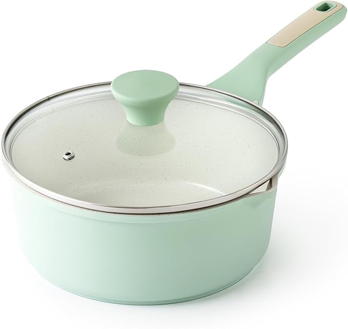 SENSARTE Ceramic Nonstick Saucepan with Double Pouring Spout 3.0 Quarts, Cooking Pot with Stay Cool Handle, Induction Compatible, Ceramic Coating, Free of Intentionally Added PFOA/PFAS, Green