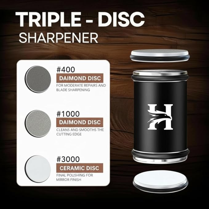 High Carbon Stainless Steel Rolling Knife Sharpener with 400, 1000 & 3000 Replacement Discs - Blunt Knife Sharpening Kit with 15 and 20 Degree Sharpening for Kitchen & Chef's Knives (BLACK) - Image 4