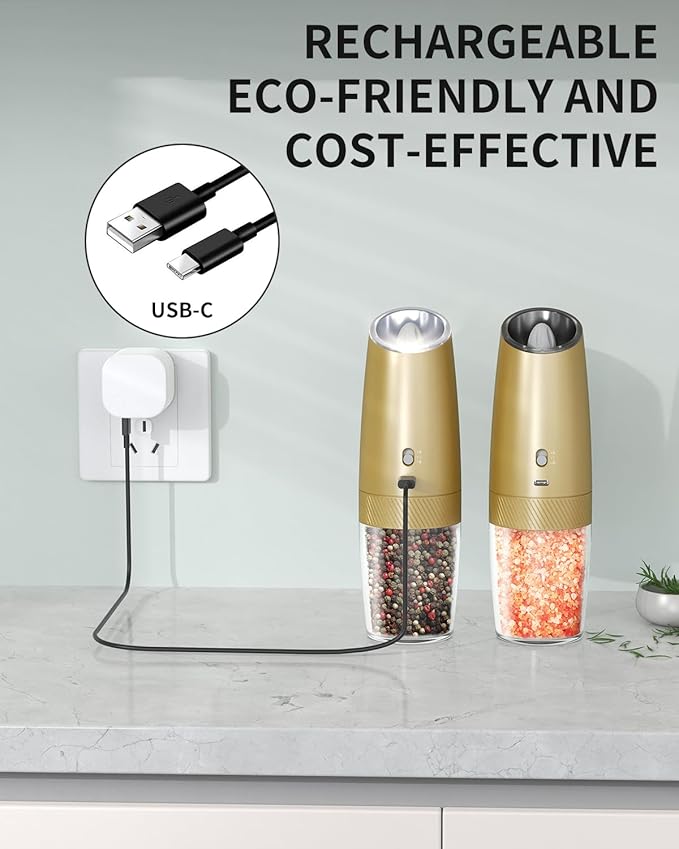 CIRCLE JOY Gravity Electric Salt and Pepper Grinder Set with 2-Speed, Rechargeable Salt and Pepper Grinder Set, Adjustable Coarseness, Whiet LED Light - Image 3