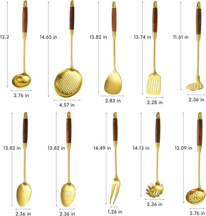 Izurok 18/10 Stainless Steel Kitchen Utensils Set,10 Piece Cooking Utensils With Wood Handle,Heat Resistant Kitchen Tool Set With Spatula,Spoon,Ladle,Skimmer,Slotted Turners,Pasta,Turner,Ladl,Fork - Image 2