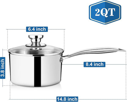P&P CHEF 2 Quarts Tri-Ply Stockpot and Saucepan, Stainless Steel Sauce Pan with Lid, Cooking Induction Pot, Kitchen Cookware for All Stoves, Non-Toxic, Sturdy & Dishwasher Safe, 1 Piece