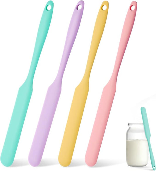 4 Pcs Silicone Jar Spatula Set, Sourdough Spurtle, Jar Scraper, Long Handle Thin Spatulas, Perfect for Jars, Bottles, Containers, Mixing, Scraping, Spreading Jam, Cake Icing and Sourdough Tools. (4)