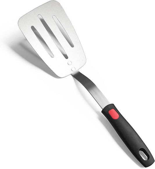 Stainless Steel Spatula, Flexible Metal Slotted Turner for Cast Iron Skillet, Thin Blade and Heat Resistant Silicone Handle, Great for Egg, Cookie, Meat, Crep, Large