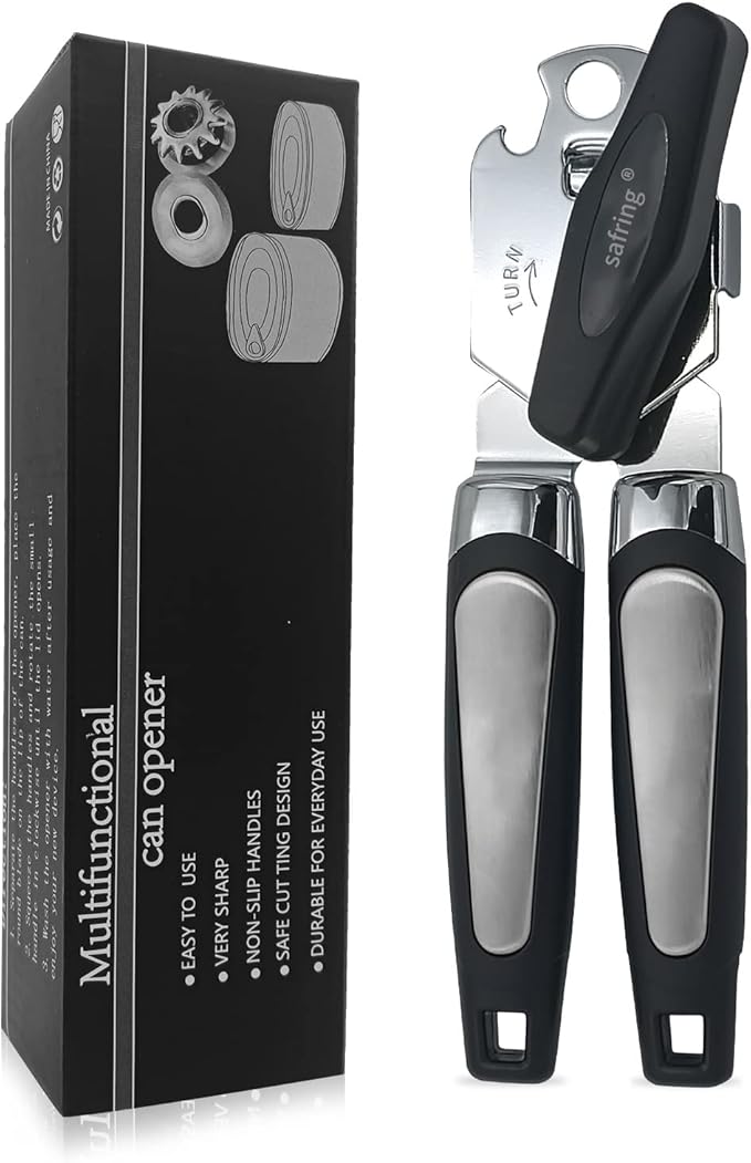 Safring Can Opener Manual, Handheld Strong Heavy Duty Stainless Steel Can Opener, Comfortable Handle, Sharp Blade Smooth Edge, Can Openers with Multifunctional Bottle Opener by Safring