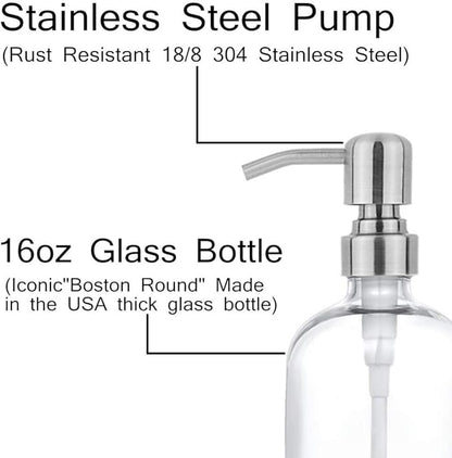 2 Pack Thick Clear Glass Pint Jar Soap Dispenser with Silver Stainless Steel Pump, 16ounce Clear Boston Round Bottles Dispenser with Rustproof Pump for Essential Oil, Lotion Soap