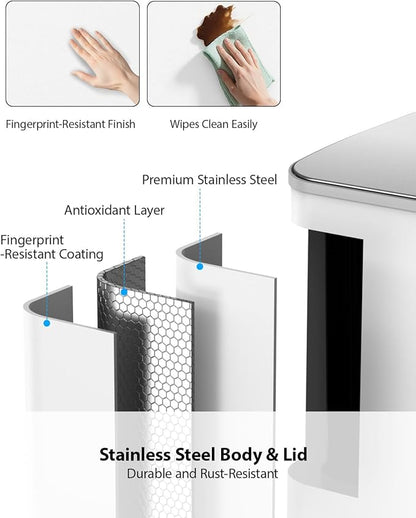 Lovewind Dual Trash and Recycling Bins for Kitchen, 2 * 11-Gallon Stainless Steel Double Trash Can, Step-On Garbage and Recycle Combo, Quiet Close, Pet-Proof, Compatible with 13-Gallon Bags, White - Image 4