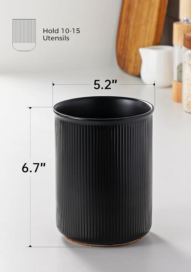LoeJan Utensil Holder, Extra Large Utensil Crock, Stable Ceramic Utensil Organizer, Cooking Tool Organizer Set for Kitchen Counter Farmhouse Décor, Matte Black - Image 2