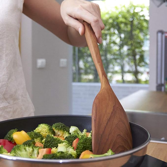 FAAY 13.5” Left-Hand Stir Fry Spatula – True Left-Hand Angled Teak Wooden Turner for Wok & Nonstick Pans, Natural Coconut Oil Finish, Handcrafted Wood Tool for Stirring & Flipping - Image 3