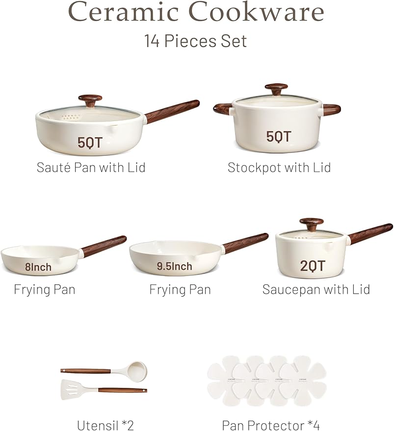CAROTE Ceramic Cookware Sets, Pots and Pans Set Non stick, Non Toxic Healthy Induction Cookware, 14 Pcs Nonstick Kitchen Pots and Pans Set, PFAS PTFE Free, Dishwasher Safe - Image 3