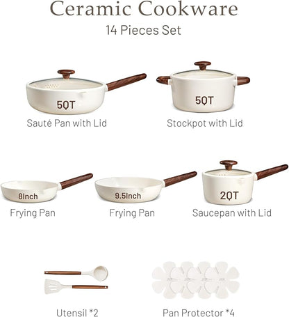 CAROTE Ceramic Cookware Sets, Pots and Pans Set Non stick, Non Toxic Healthy Induction Cookware, 14 Pcs Nonstick Kitchen Pots and Pans Set, PFAS PTFE Free, Dishwasher Safe - Image 3