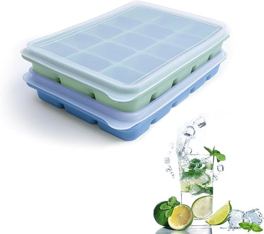 Ice Cube Trays Set of 2, Easy Release 15 Flexible Silicone Ice Cube Molds with Removable Lid Reusable Freezer Ice Trays Stackable for Whiskey, Baby Food, BPA Free (BLUE+GREEN) by Tvmania