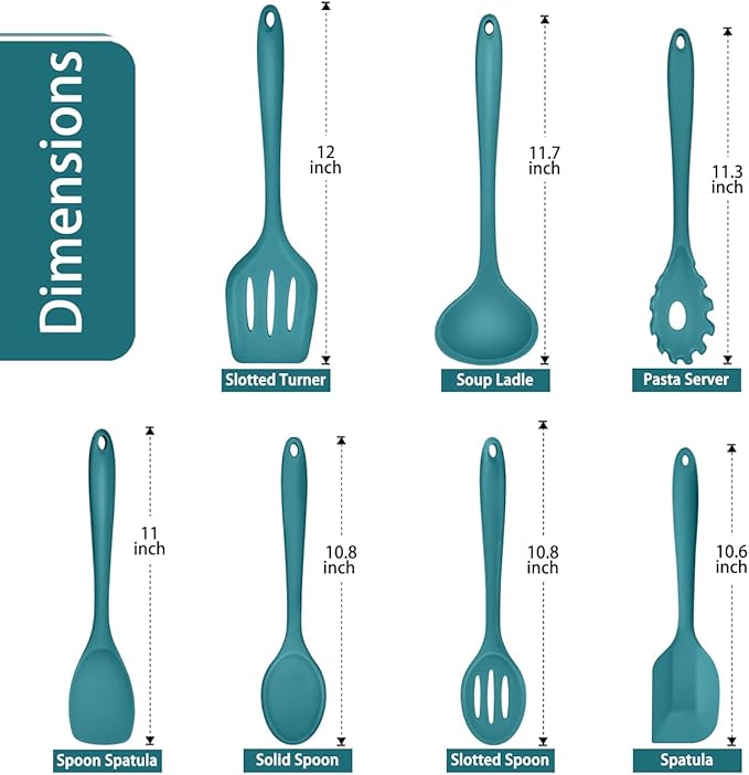 P&P CHEF Silicone Cooking Utensils Set of 7, Heat-proof Kitchen Utensils Set for Nonstick Cookware, Non-stick Spatula, Slotted Turner, Soup Ladle, Pasta Server, Spoon for Cooking Serving - Blue - Image 2