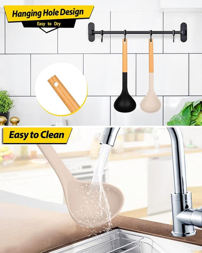 Pack of 2 Soup Ladle, Silicone Ladle Spoon with Wooden Handle, Large Non Stick High Heat Resistant Kitchen Utensils for Cooking, Stirring, Serving Soups(BLACK-KHAKI)