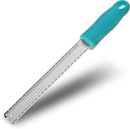 8-Inch Lemon Zester & Cheese Grater 18/8 Stainless Steel Citrus Zester for Lemon, Lime, Parmesan, Garlic & Ginger 8’’ Long Razor Sharp Blade, Ergonomic Non‑Slip Handle with Protective Cover, Blue