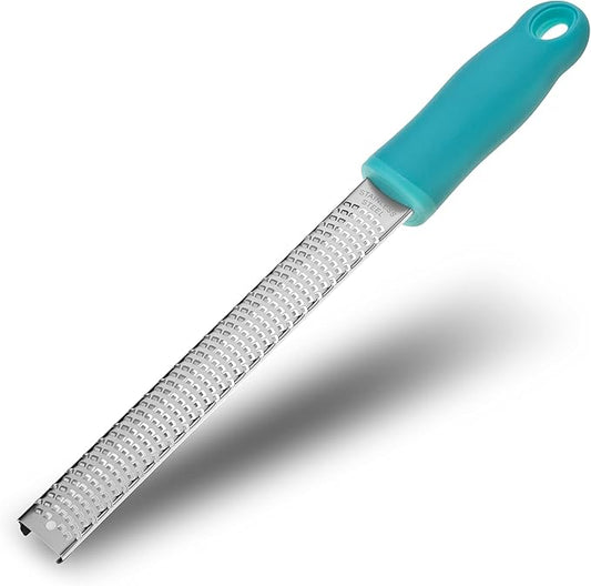 8-Inch Lemon Zester & Cheese Grater 18/8 Stainless Steel Citrus Zester for Lemon, Lime, Parmesan, Garlic & Ginger 8’’ Long Razor Sharp Blade, Ergonomic Non‑Slip Handle with Protective Cover, Blue