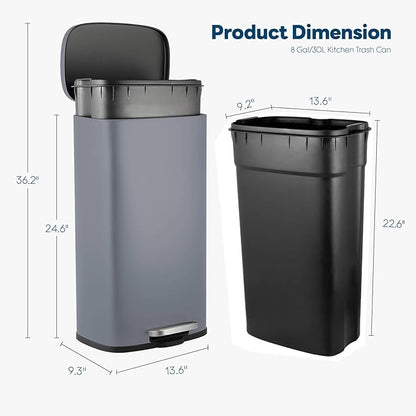 8 Gal Kitchen Trash Can, 30L Recycling or Garbage Bin, Brushed Stainless Steel Waste Basket, Soft&Quiet Close Dustbin, with Step-On Pedal, Removable Inner Bucket, for Home, Office, Living Room