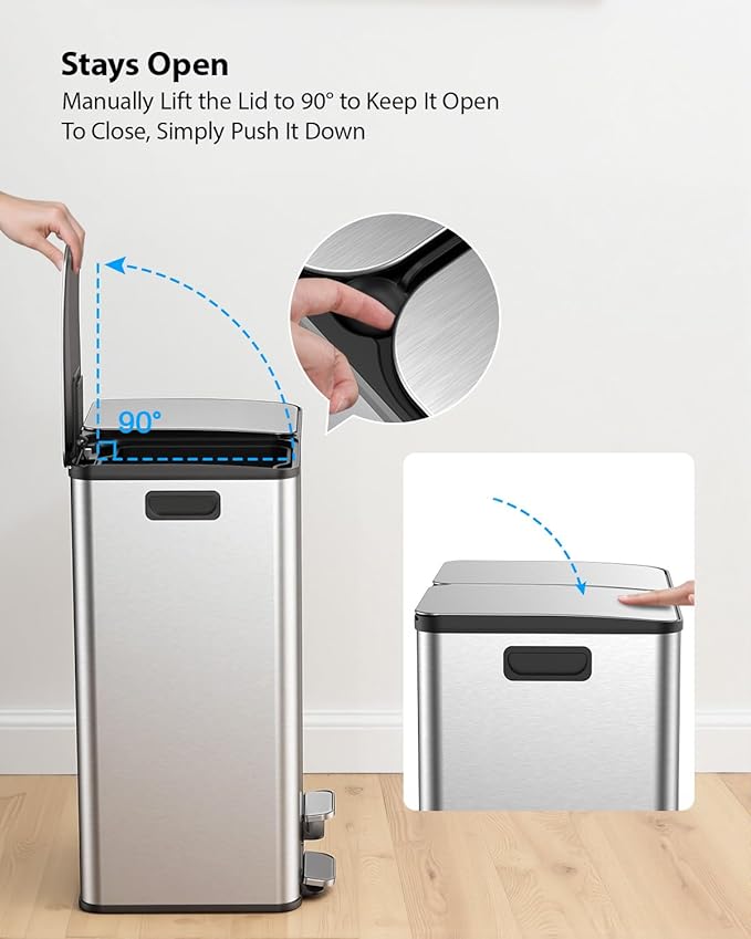 Lovewind Kitchen Trash Can, 2 x 8 Gallon (2 x 30 L) Stainless Steel Trash and Recycle Bin Combo with Soft-Close Lid, Dual Compartment Recycling Kitchen Step Trash Bin, Silver - Image 5