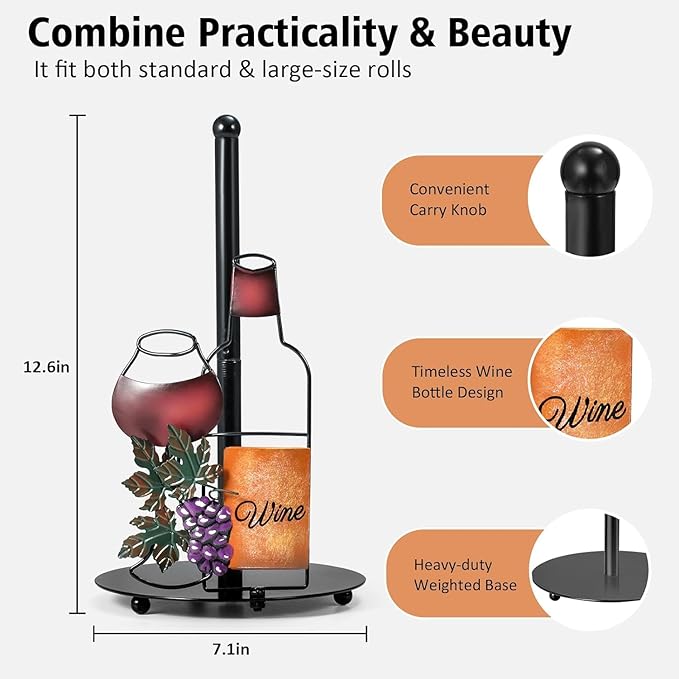Wine Paper Towel Holder Countertop - Grape&Wine Decor Gifts, Cute Rustic Country Vintage Farmhouse Kitchen Decorations, Roll Dispenser with Weighted Base - Image 2