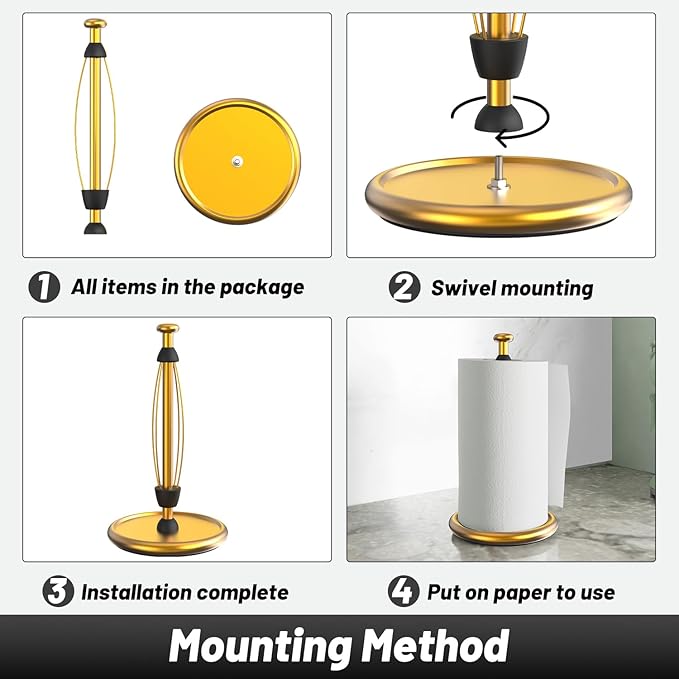 VEHHE Gold Paper Towel Holder Countertop with Weighted Base, One-Handed Tear Kitchen Towel Holder with Damping Function and EVA Non-Slip Pad for Bathroom - Image 5