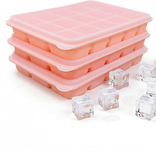 Ice Cube Trays Set of 3, Easy Release 15 Flexible Silicone Ice Cube Molds with Removable Lid Reusable Freezer Ice Trays Stackable for Whiskey, Pink