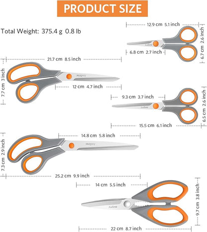Asdirne Kitchen Scissors Set, Knife-Grade Stainless Steel, TPR Comfortable Handle All Purpose Scissors, Include One Poultry Shears and Four Different Sizes of Cooking Scissors, Perfect Kitchen Partner