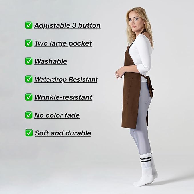 TOSHE Kitchen Apron Waterdrop Resistant Cotton Apron with adjustable Aprons for Women with Pockets 12 Color option Cooking Brown Apron (Brown) - Image 7