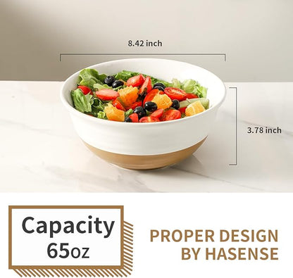 HASENSE Large Ceramic Serving Bowls Set of 2, 60 Oz 8.5 Inch White & Terracotta Stoneware Bowls, Farmhouse Bowls for Salad, Soup & Pasta, Dishwasher & Microwave Safe, Christmas Entertaining Dishes - Image 3