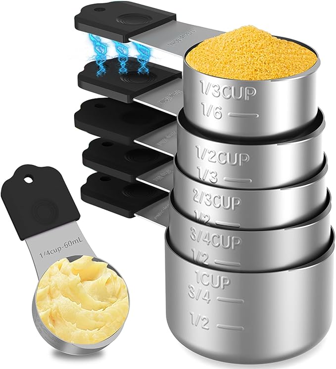 Magnetic Measuring Cups,Stainless Steel Kitchen Aid Cups Measuring set for Liquid & Dry Ingredient,Easy to Read Dishwasher Safe 6 Pcs Black
