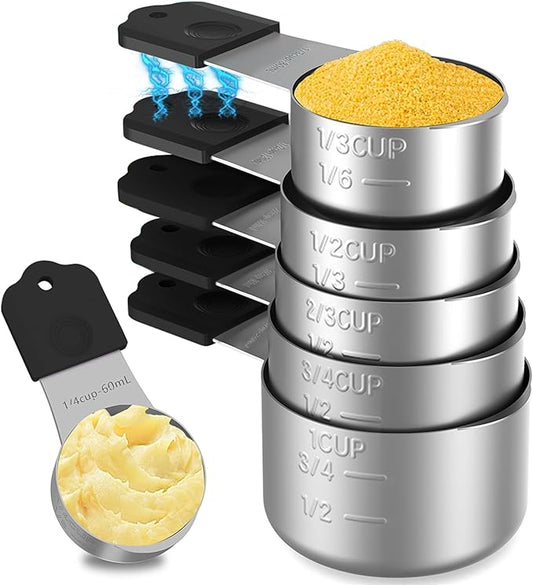 Magnetic Measuring Cups,Stainless Steel Kitchen Aid Cups Measuring set for Liquid & Dry Ingredient,Easy to Read Dishwasher Safe 6 Pcs Black