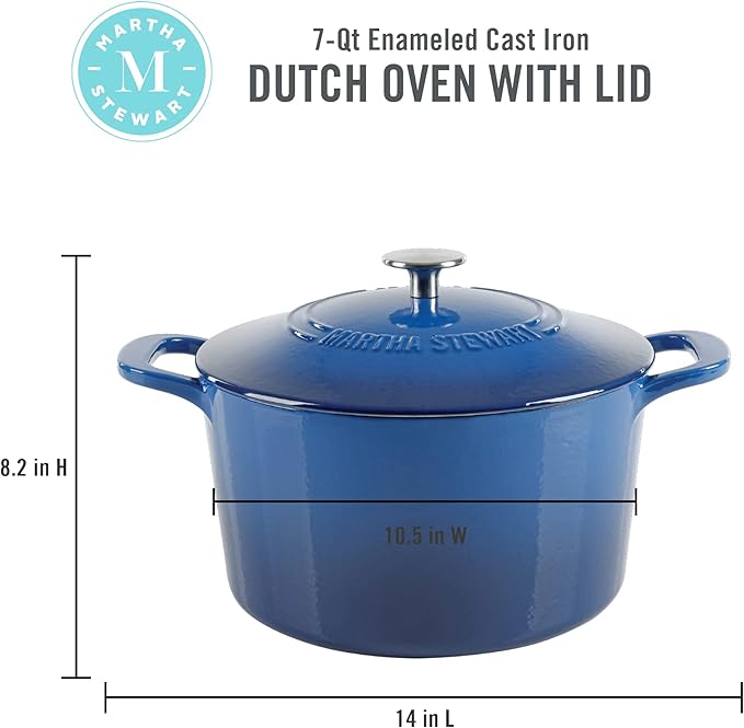 MARTHA STEWART Gatwick 7-Quart Enamel Cast Iron Dutch Oven Pot with Lid – Classic Blue – Durable Heavy-Duty Dutch Oven for Slow Cooking, Braising & Baking - Image 2