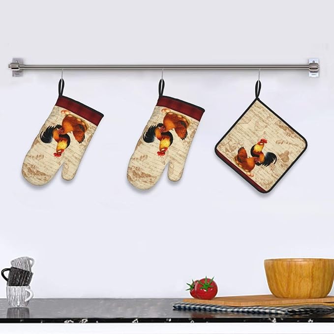 Retro Rustic Pot Holders and Oven Mitts Set of 3, Rooster Chicken Oven Gloves Hot Pads for Baking Cooking Grilling BBQ, Rooster Chicken Decor for Kitchen, Rustic Baking Gifts for Women Chef Baker
