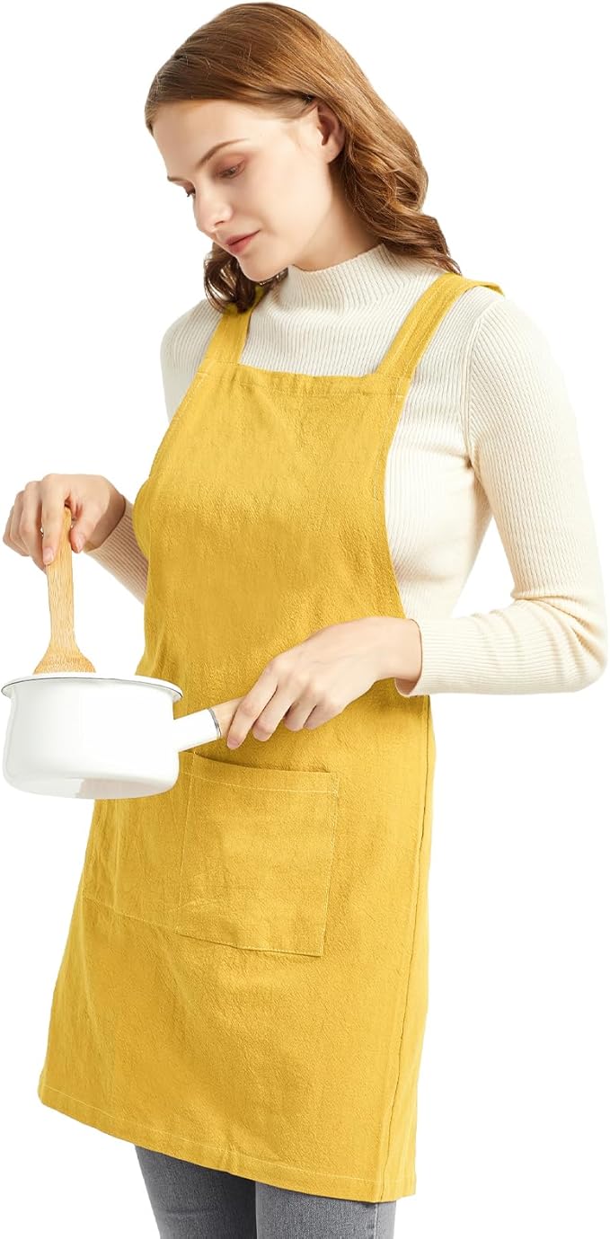 ELEZAY Aprons for Women with Pockets Plus Size Comfort Cross Back No Tie Cotton Linen Apron Pinafore