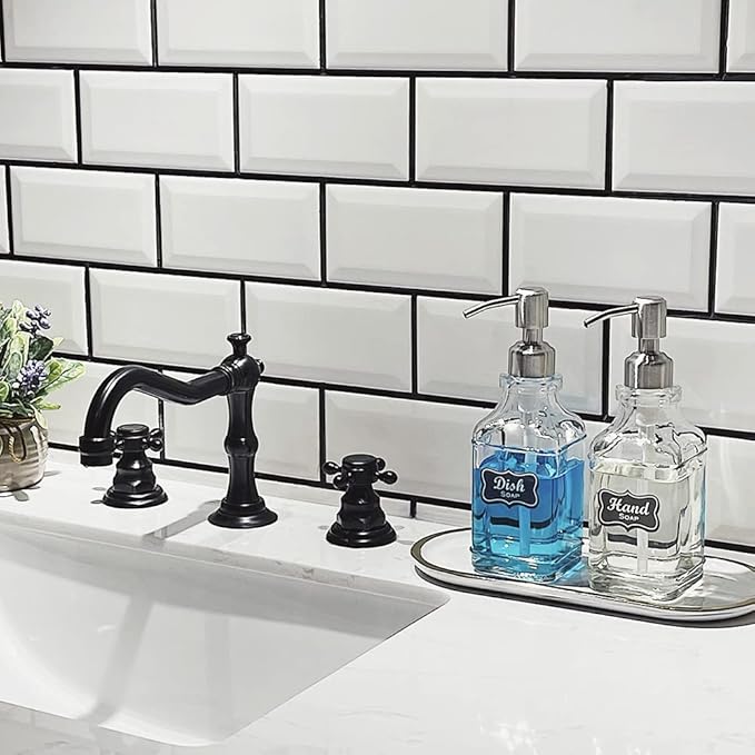 JASAI 2Pack Antique Design Glass Soap Dispenser with Rust Proof 304 Stainless Steel Pump, Refillable Hand Soap Dispenser with 10Pcs Stickers, Premium Soap Dispensers for Kitchen & Bathroom (Clear) - Image 6