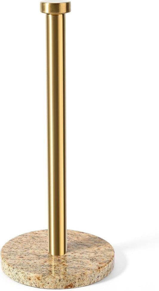 Koville Paper Towel Holder Countertop, Standing Paper Roll Holder with 6" Weighted Marble Base, Stone Paper Towel Holder with Gold Stainless Steel Rod for Kitchen Bathroom (Golden River)