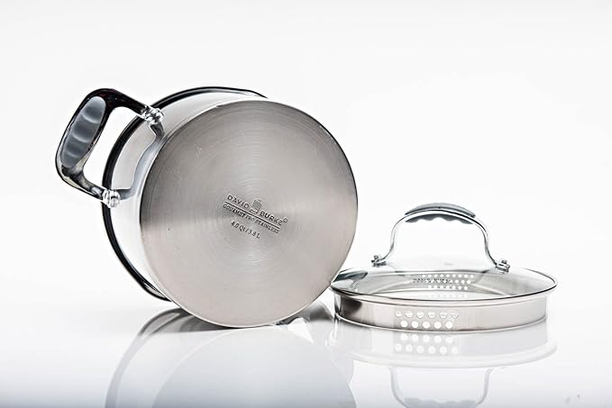 David Burke Gourmet Pro Stature Stainless Steel 4-Qt Sauce pot with Glass Straining Lid and Pour Spouts, EZ-Grip Riveted Handles for Durability and Control, Oven Safe - Brushed Gray