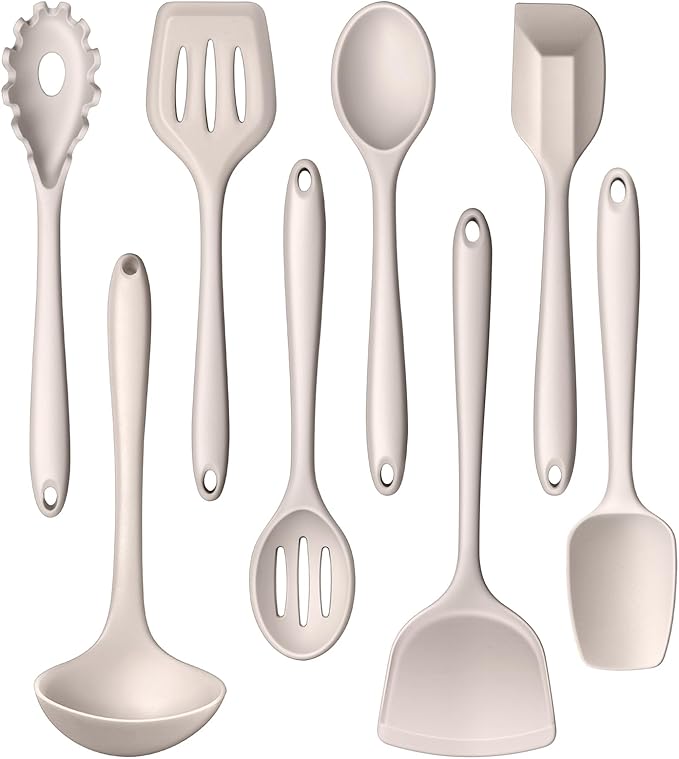 LIANYU 8Pcs Kitchen Cooking Utensils Set, Silicone Cooking Utensil Set, Heat Resistant Kitchen Tools for Nonstick Cookware, Includes Silicone Spatula, Spoon, Ladle, Turner, Dishwasher Safe, Khaki by LIANYU