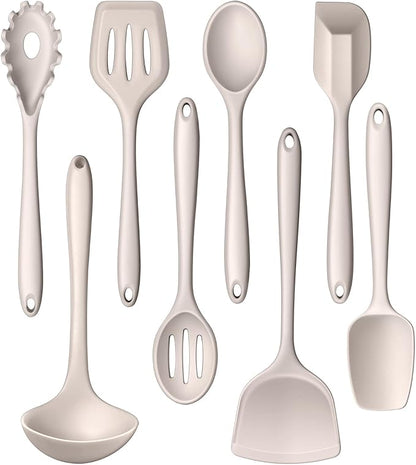 LIANYU 8Pcs Kitchen Cooking Utensils Set, Silicone Cooking Utensil Set, Heat Resistant Kitchen Tools for Nonstick Cookware, Includes Silicone Spatula, Spoon, Ladle, Turner, Dishwasher Safe, Khaki by LIANYU