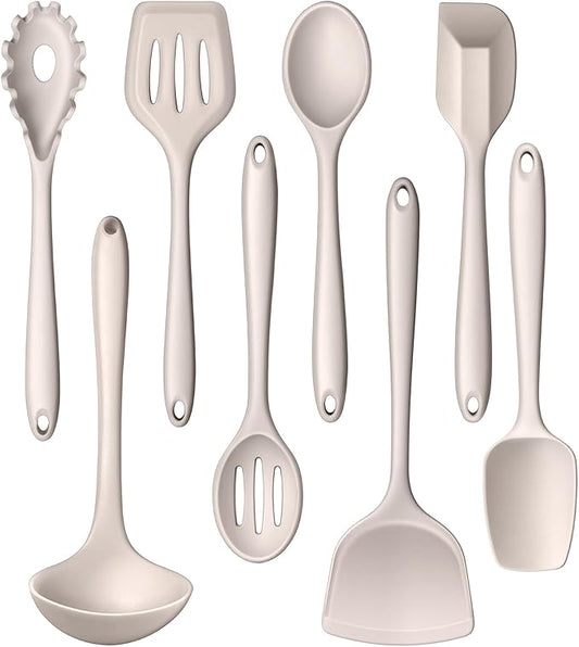 LIANYU 8Pcs Kitchen Cooking Utensils Set, Silicone Cooking Utensil Set, Heat Resistant Kitchen Tools for Nonstick Cookware, Includes Silicone Spatula, Spoon, Ladle, Turner, Dishwasher Safe, Khaki by LIANYU