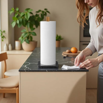 Buruis Wood Paper Towel Holder, Marble Base Modern Decorative Countertop Standing Rolls Holder for Kitchen, Toilet, Pantry and Bathroom (Square Marble Base Black) - Image 7