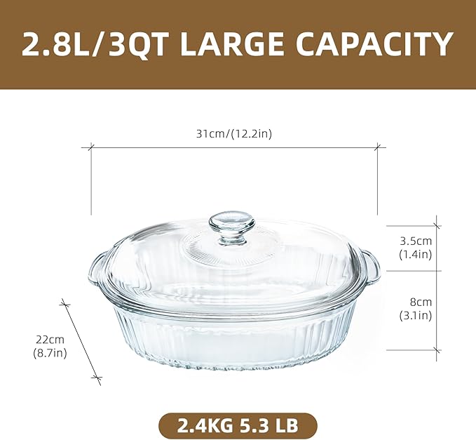 Luvan 2.8L/3Qt Glass Casserole Dish with Lid, Ribbed Oval Glass Baking Dish for Oven & Microwave, Clear Lead-Free Covered Casserole Cookware, Versatile Deep Glasses Food Container for Baking, Cooking - Image 2