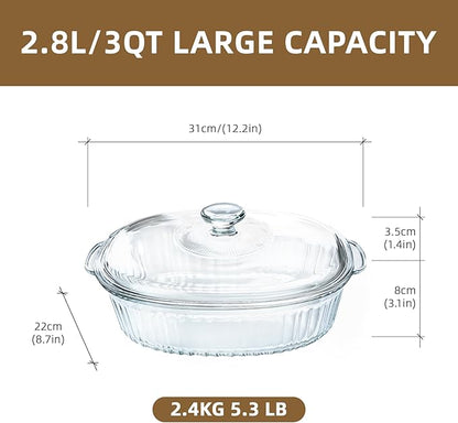 Luvan 2.8L/3Qt Glass Casserole Dish with Lid, Ribbed Oval Glass Baking Dish for Oven & Microwave, Clear Lead-Free Covered Casserole Cookware, Versatile Deep Glasses Food Container for Baking, Cooking - Image 2