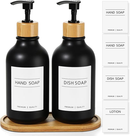 KASUNTING Hand and Dish Soap Dispenser Set, Plastic Kitchen Soap Dispenser Set with Bamboo Tray, 17 Fl Oz Black Soap and Lotion Dispensers Sets with 4 Pack Labels for Kitchen & Bathroom Countertop by ALPIRIRAL