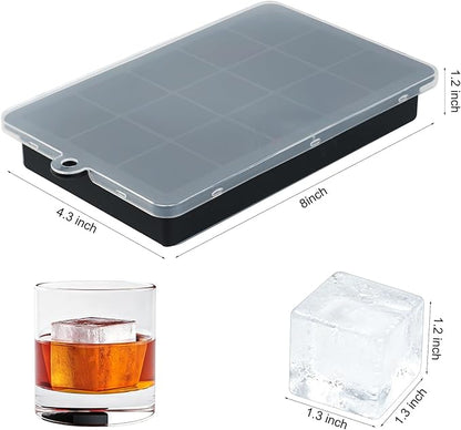 Premium Silicone Ice Cube Trays with Lid - 15 Large Square Ice Cubes for Whiskey, Cocktails, Coffee & More - BPA Free, Stackable, Easy Release & Dishwasher Safe - Black-2pack