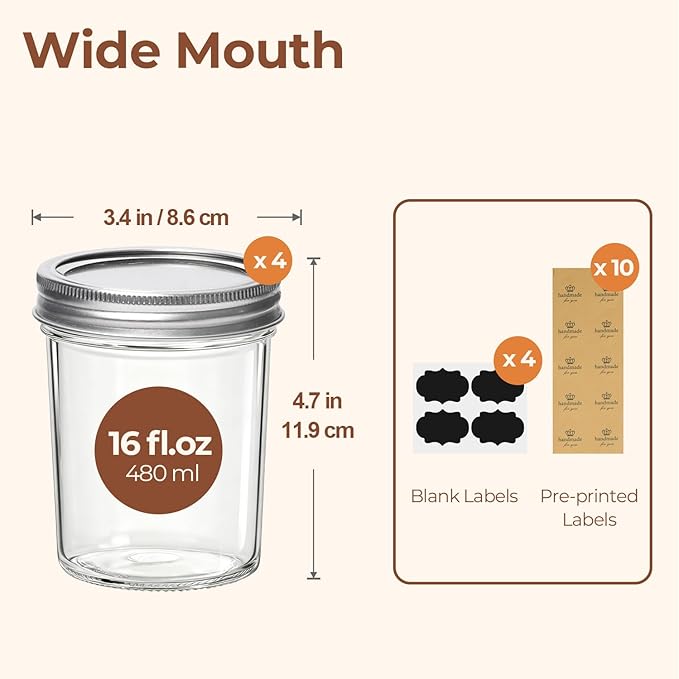 ComSaf Wide Mouth Mason Jars 16 oz with lids - 4 Pack, Pint Mason Jars with Seal Bands, Glass Canning Jars for Honey, Jam, Jelly, Coffee, Salad, Desert, Shower Wedding Favors, DIY Candles Decor - Image 2