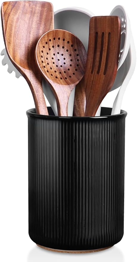 LoeJan Utensil Holder, Extra Large Utensil Crock, Stable Ceramic Utensil Organizer, Cooking Tool Organizer Set for Kitchen Counter Farmhouse Decor (F-6.7" Black) by LoeJan