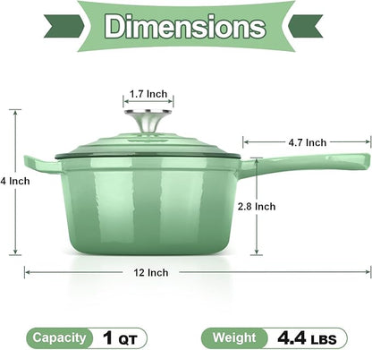 HaSteeL 1 QT Cast Iron Saucepan, Mini Enamel dutch oven with lid, Small Non Stick Pan for Milk, Pasta Tomato Sauce, Butter, Breakfast, Soup, Suitable for Boiling Stewing Frying, Easy to Clean, Green
