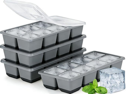Large Ice Cube Trays with Lid, Jrisbo 2 Pack Stackable Silicone Ice Cube Molds for Freezer, Easy Release 16 Big Square Ice Trays for Whisky Cocktails (4 Black Gray) by Jrisbo